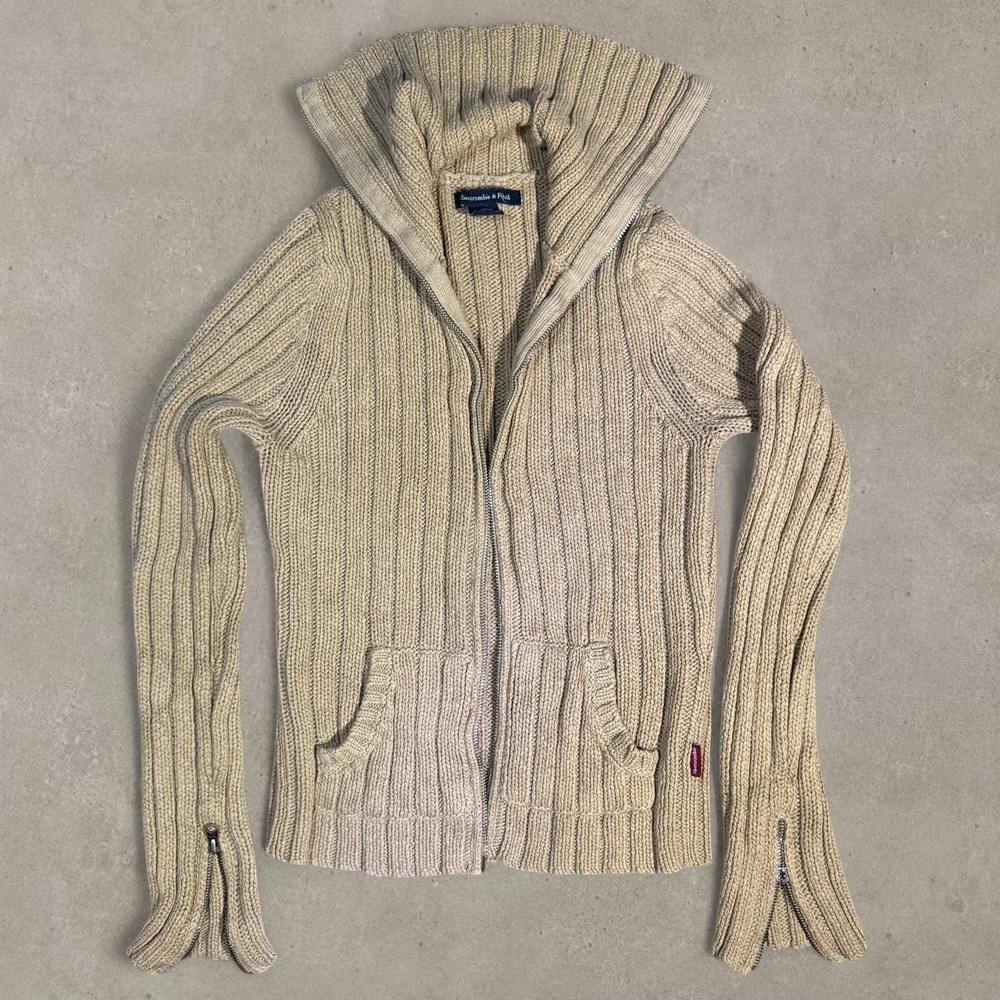 Vintage Abercrombie & Fitch Mock Neck Knit Sweater Jacket Beige Tan Zip M
